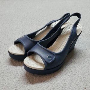 CROCS Women's Navy and Cream Wedge Sandals Size 9